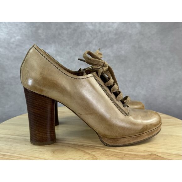 Chloe TAUPE BROWN LEATHER HIGH HEEL OXFORD STYLE LACE UP SHOES SIZE 38 US 8 - Picture 1 of 12